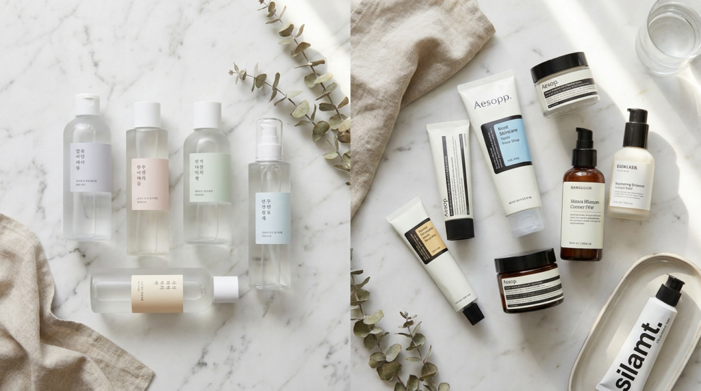 Korean and western skincare flat lay