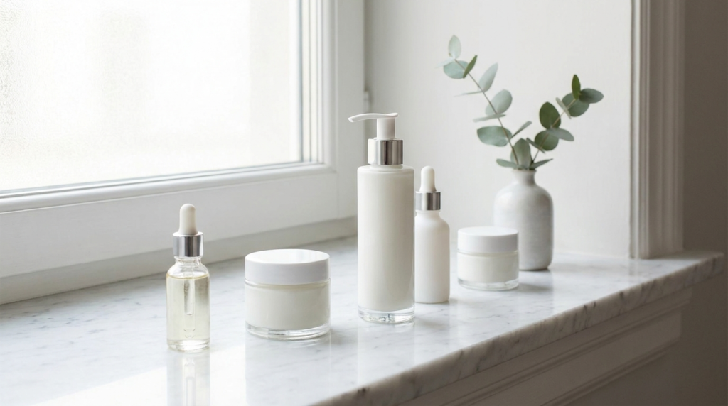 Skincare bottles layered by size