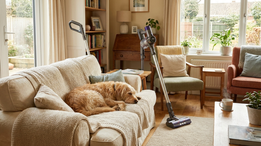 Dog on sofa with vacuum