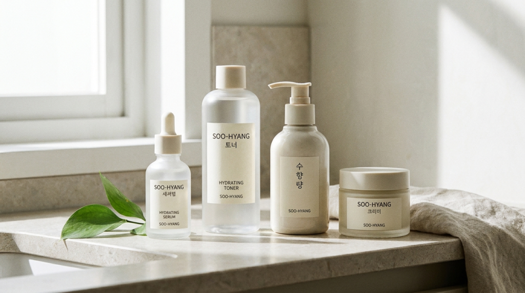 Korean skincare routine products flat lay
