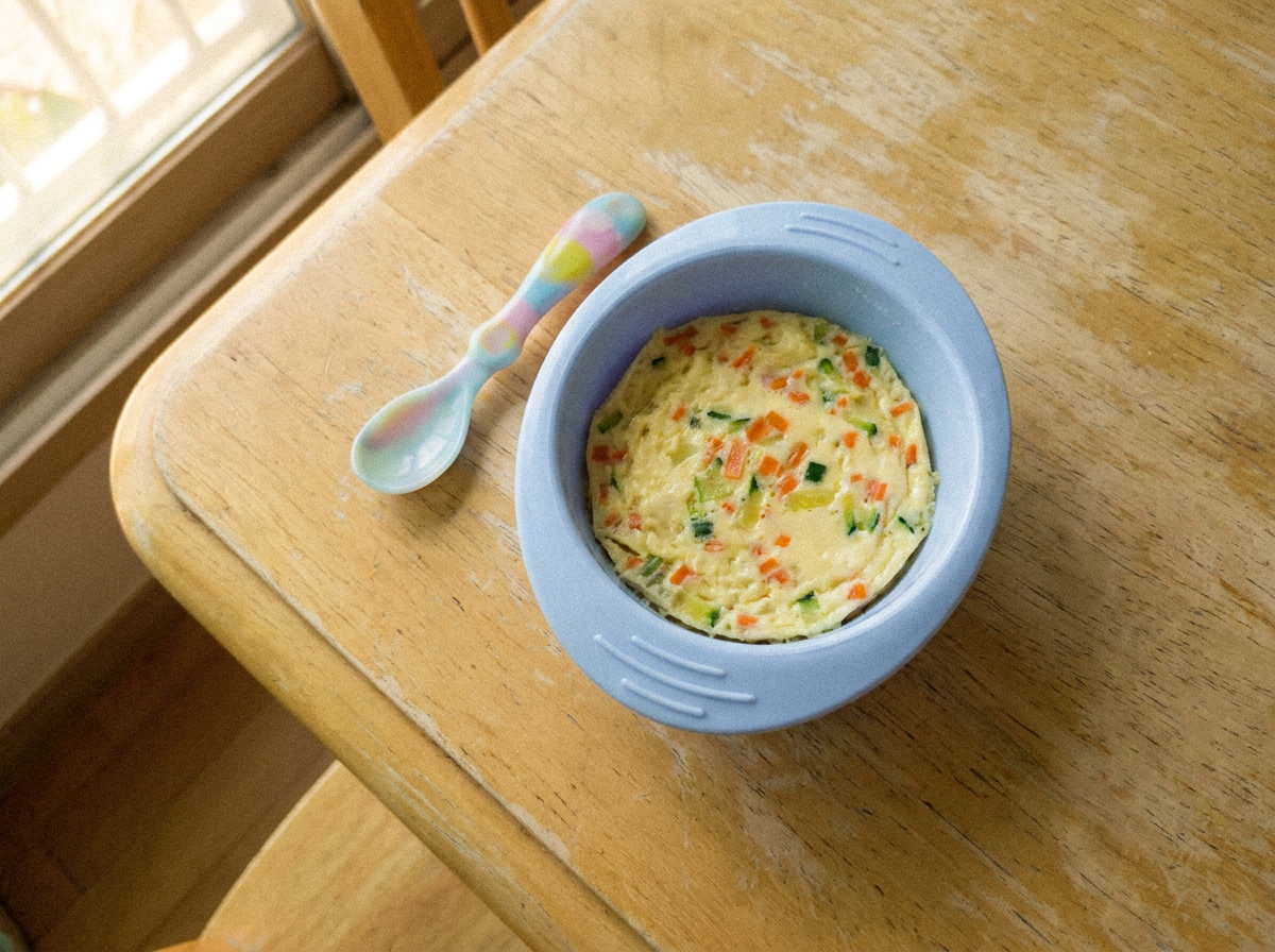 채소 달걀찜 — 유아 식기에 담긴 부드러운 달걀찜